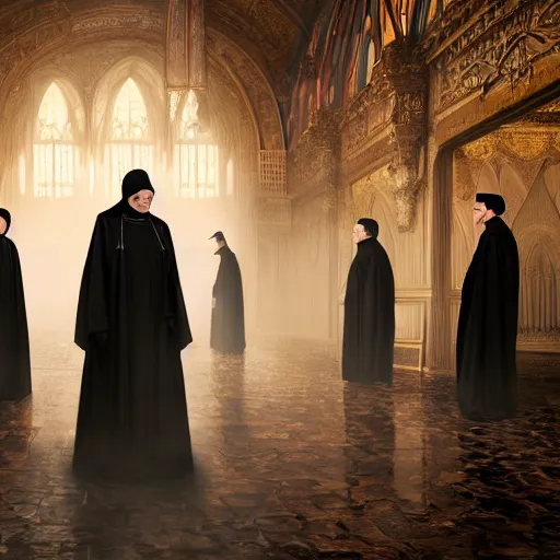 Image similar to a detailed matte painting of a group of 7 senior priests in black robes with their hood up and pitch black eyes, concept art, incense smoke drifting through the air, portrait, artstation, volumetric lighting, exquisite detail, octane render, 8 k postprocessing, art by john collier and albert aublet and artem demura and alphonse mucha