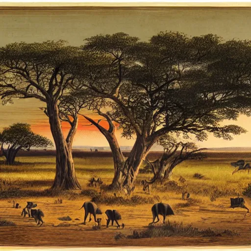 Image similar to rutkowski illustration of a safari at sunset