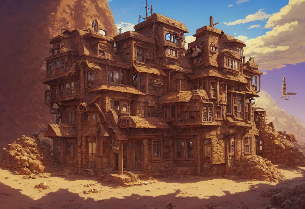 Prompt: an old steampunk house in a desert with piles of rocks in the background, intricate oil painting, high detail illustration, sharp high detail, manga and anime 1 9 9 9, official fanart behance hd artstation by jesper ejsing and makoto shinkai, 4 k,