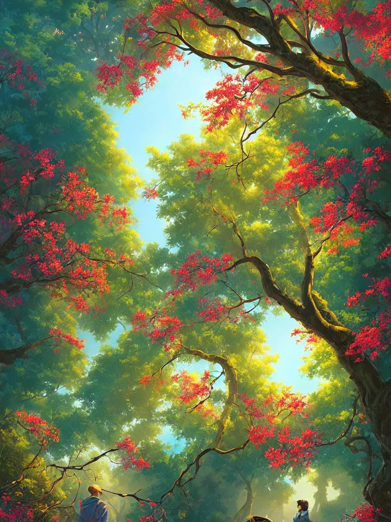 Prompt: a beautiful canopy of leaves and flowers , Digital Matte Illustration by RHADS and asher brown durand