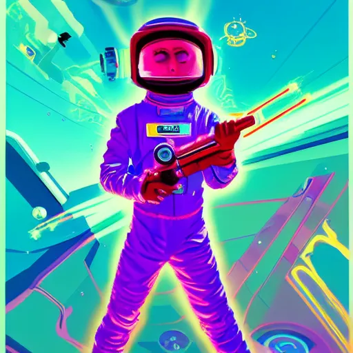 Image similar to a stylized portrait of a young boy as an astronaut with a ray-gun, stylized, arcane magic, magenta and turquoise vapor, vaporwave, vivid color, lens flare, volumetric light from above, background by liam wong, art by raymond swanland + marc simonetti + greg rutkowski + harumi hironaka