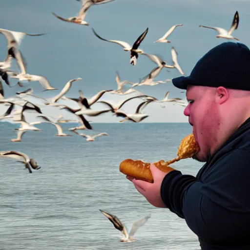 Image similar to a fat man eating a bagel while seagulls yell at him, award winning photograph, 8k,