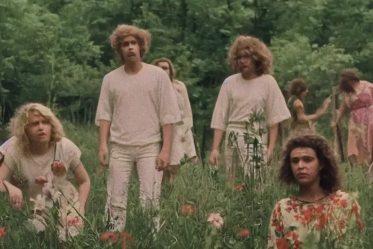 Prompt: vhs 1 9 8 0 s cinema footage of a scene from the movie midsommar directed by ari aster, vintage film grain