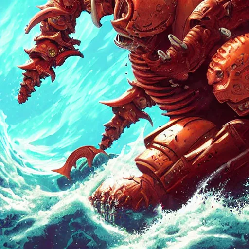 Image similar to Doomslayer fighting ocean demons, artstation, high detail