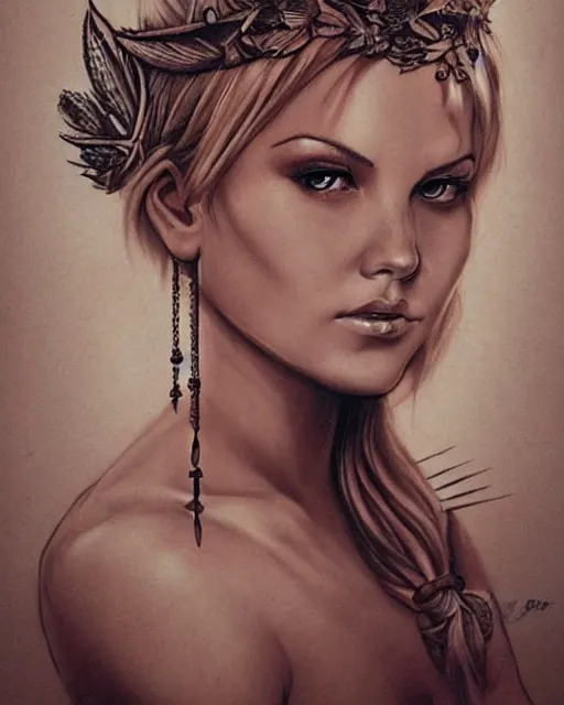 Image similar to realism tattoo sketch of elisha cuthbert as a beautiful greek goddess aphrodite with piercing eyes wearing a laurel wreath and triangle earrings, in the style of greg rutkowski, amazing detail