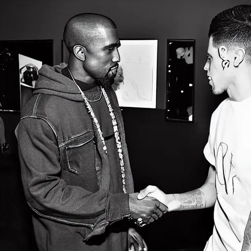 Prompt: a black and white photo of kanye west and pete davidson shaking hands