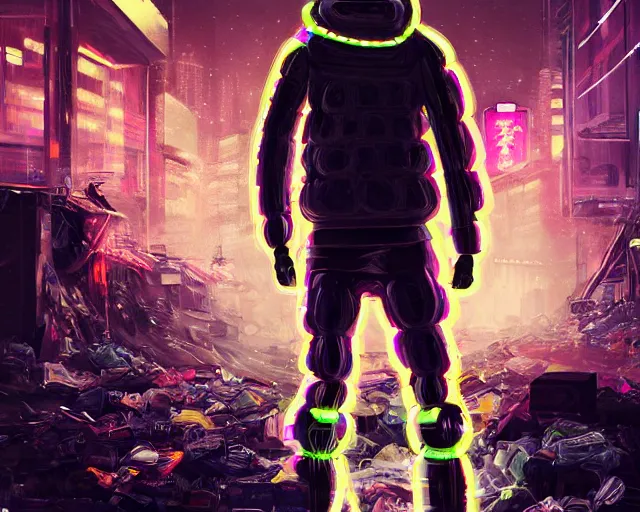 Image similar to detailed portrait neon guard man with short brown hair seen from the back, cyberpunk futuristic, reflective puffer jacket, black leggings, decorated with traditional ornaments in front of a dystopian crowd with piles of garbage perfect face, fine details, realistic shaded, fine - face, pretty face by rossdraws