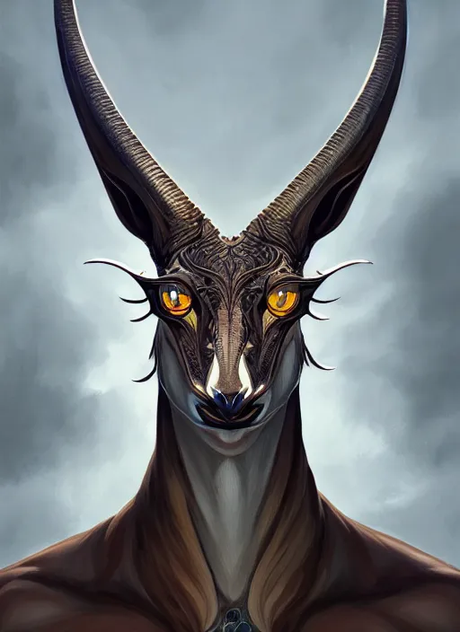 Prompt: anthropomorphic arrow head in edgy darkiron gazelle, intricate, elegant, highly detailed animal monster, digital painting, artstation, concept art, smooth, sharp focus, illustration, art by artgerm, dwayne barlowe, trending on artstation and greg rutkowski and alphonse mucha, 8 k