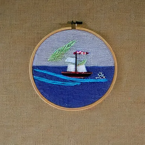 Image similar to a tiny beautiful handmade embroidery of a ship on the ocean. hand embroidery.