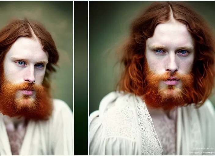 Prompt: portrait photography of a beautiful man how pre-Raphaelites beauty type in style of Nicolas False, britt marling style 3/4 , he has a short beard, his ginger hair is intricate, beautiful ethereal lace white robes, 8K, soft light, volumetric lighting, highly detailed Realistic, Refined, Highly Detailed, natural outdoor soft pastel lighting colors scheme, outdoor fine art photography