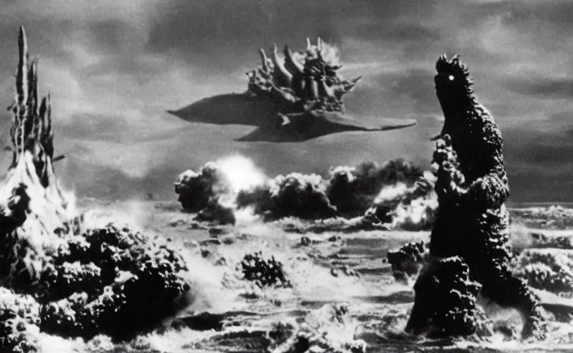 Image similar to a filmstill of Kim Jong-il and a giant starfish monster destroying Pyongyang, in Godzilla (1954) by Ishirō Honda, epic ultrawide shot, cinémascope