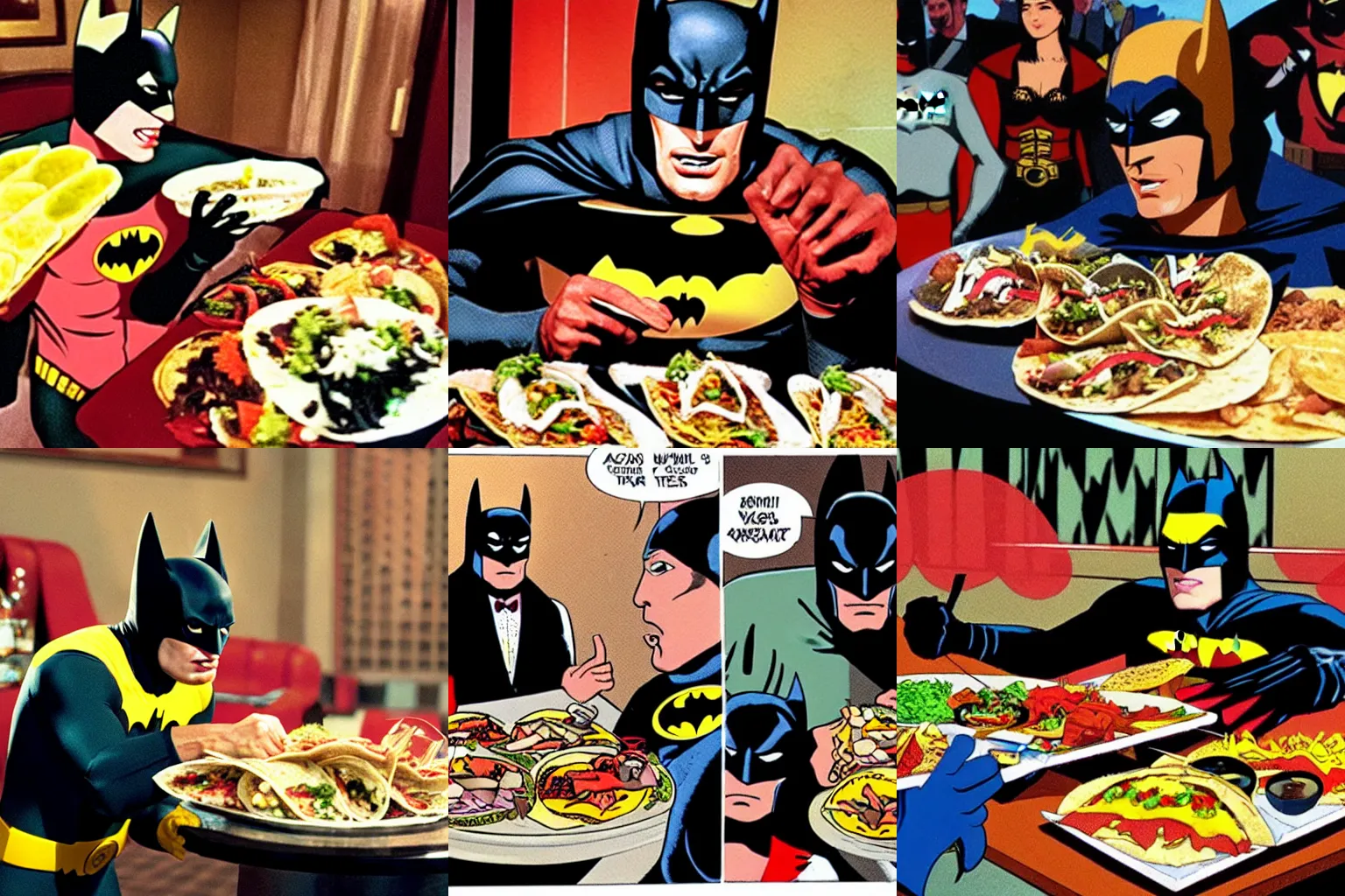Prompt: Adam West as Batman eating a buffet of tacos