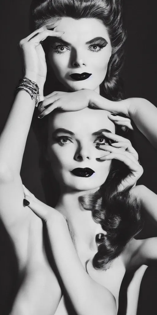 Image similar to a fashion photo portrait of a young Katherine Hepburn, full makup, smokey eye, medium shot. In the style of Helmut newton, robert maplethorpe, Stefano Brunesci, Lachlan Bailey, Herb Ritts, Ellen Von Unwerth, Haris Nukem, Sardax, Annie Leibovitz. detailed photo, hd, 4k, trending on artstation, 35mm, f1.8