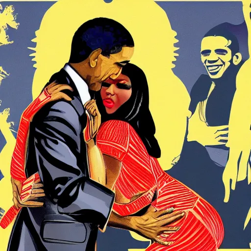 Image similar to nicki minaj hugged by barack obama, soviet colored propaganda poster, highly detailed illustration