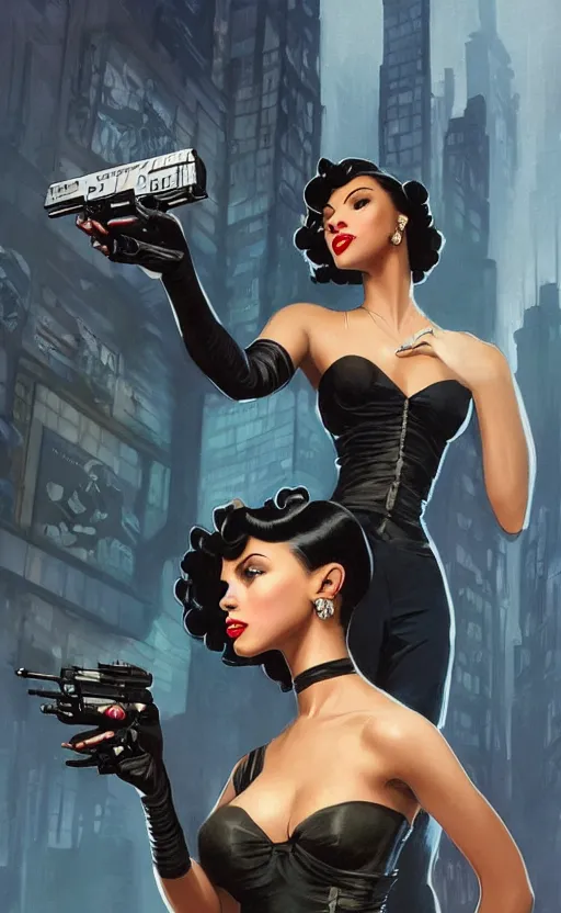 Image similar to an attractive young Black female, clothed like a 1940s femme fatale, holding a sci-fi pistol, intricate, elegant, highly detailed, digital painting, film noir lighting, Blade Runner city background, trending on artstation, concept art, smooth, sharp focus, illustration, art by artgerm and greg rutkowski and alphonse mucha