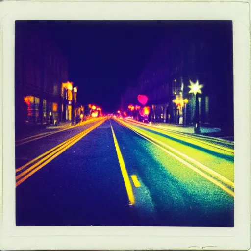 Image similar to colorful instant photograph of the middle of the street at night, polaroid, light leak, raw, nostalgic