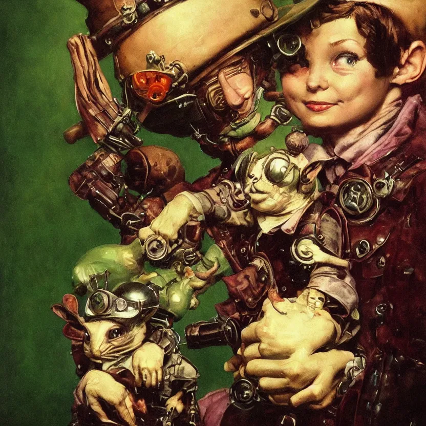 Prompt: a close - up portrait painting of a mischievous alien wizard holding steampunk rabbit. magic. studio lighting. green fog, gloomy dark atmosphere. highly detailed science - fiction painting by norman rockwell, moebius, frank frazetta, and syd mead. rich colors, high contrast. artstation