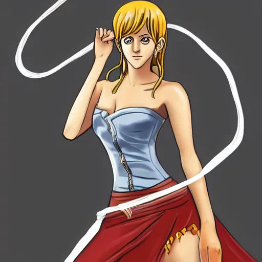 Image similar to a full-body portrait of emma watson as nami from one piece, digital painting