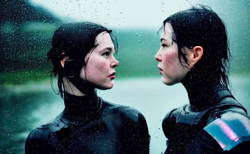 Image similar to cinestill 5 0 d candid action photographic portrait by quentin tarantino of two loving female androids wearing rugged black mesh techwear in treacherous waters, extreme closeup, modern cyberpunk retrofuturism moody emotional cinematic, pouring iridescent rain, 8 k, hd, high resolution, 3 5 mm, f / 3 2, motion blur, ultra realistic faces, ex machina