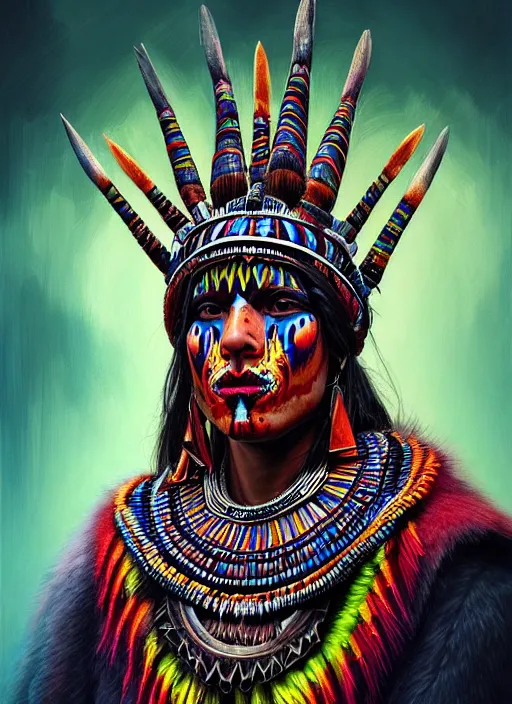 Image similar to portrait of jensen ackle, hyper detailed ultra sharp aztec shaman warrior. trending on artstation, warpaint aesthetic, bloodwave, colorful, psychedelic, ornate, intricate, digital painting, concept art, smooth, sharp focus, illustration, art by artgerm and greg rutkowski and h. r. giger, 8 k