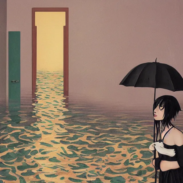 Image similar to tall female emo artist in her flooded apartment, water gushing from ceiling, painting of flood waters inside an artist's home, a river flooding indoors, pomegranates, pigs, ikebana, zen, water, octopus, river, rapids, waterfall, black swans, canoe, berries, acrylic on canvas, surrealist, by magritte and monet