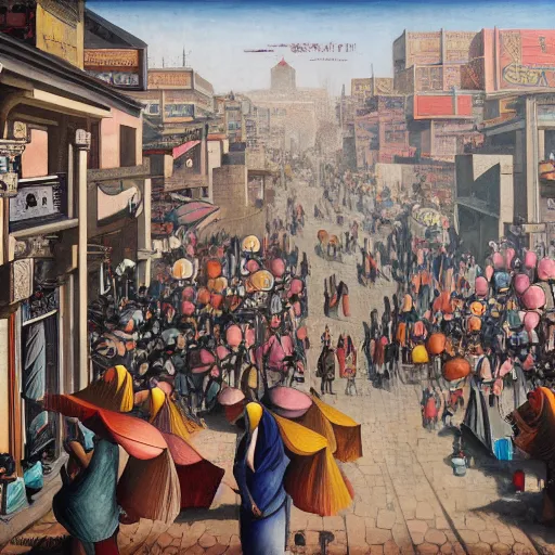 Prompt: art deco streets of the Undying Empire city of ya-Sattra during the Festival of Masks, award-winning realistic painting by Beszinski, Bruegel, and Yoshitaka Amano