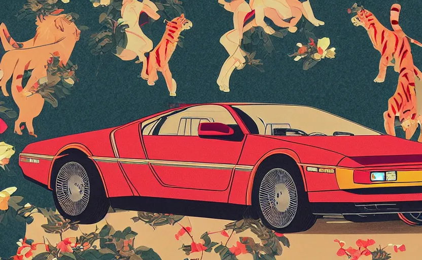 Prompt: a red delorean x a yellow tiger, art by hsiao - ron cheng & utagawa kunisada in magazine collage style,