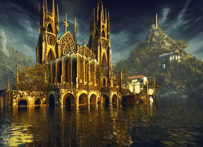 Image similar to favela gothic cathedral, underwater environment, scenery, professional, award - winning, trending on artstation, hyper detailed, realistic, beautiful, emotional, shiny, golden, picture