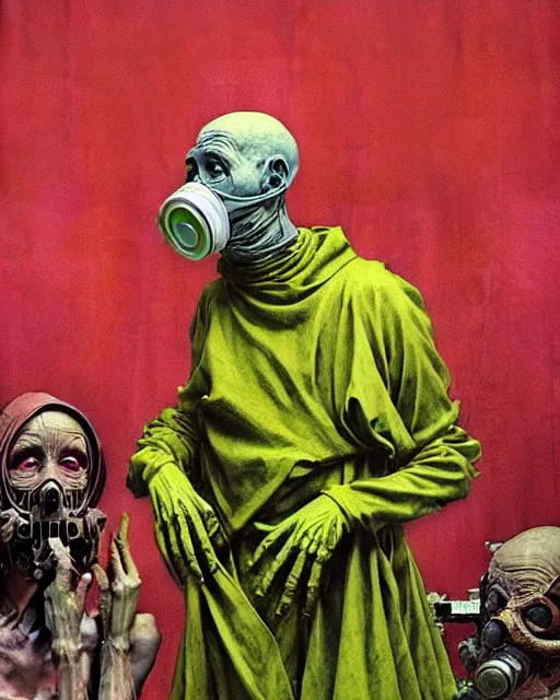 Prompt: two skinny old people with extra limbs, wearing gas masks, bodies wrapped in robes of gold, green and pink, during a biohazard apocalypse, cinematic, dystopian, eerie, horror, gothic, highly detailed painting by Francis Bacon, Beksinski, Esao Andrews, Edward Hopper, surrealism, art by Takato Yamamoto and !!!James Jean!!!