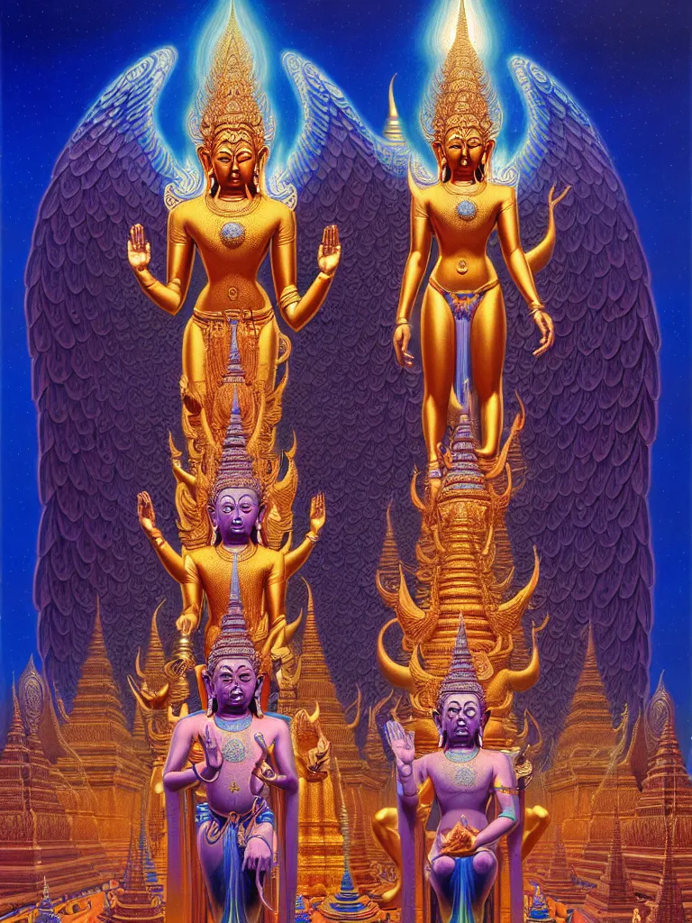 Prompt: a dmt blue and golden angel goddess buddha hindu entity thai architecture, iridescent, tim hildebrandt, wayne barlowe, bruce pennington, donato giancola, trending on artstation, cinematic composition, beautiful lighting, hyper detailed, 8 k, oil on canvas