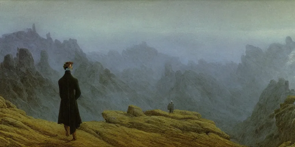 Image similar to small male figure in epic foggy mountainscape, expansive view, dozens of thin glowing straight lines extend from ground into the sky, by Caspar David friedrich