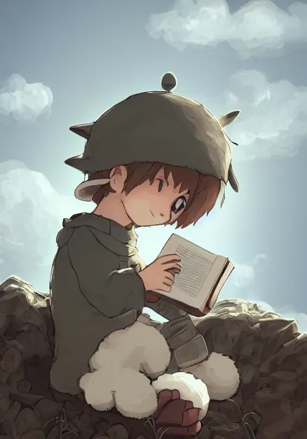 Image similar to beautiful little boy wearing sheep suit reading a book while sitting on chair, gray, blue, green and brown pallet color. made in abyss art style, inspired by kris from deltarrune, cute detailed artwork, anatomically correct, soft details, ilya kuvshinov, reflection, perfect composition, mobile wallpaper, illumination, helltaker