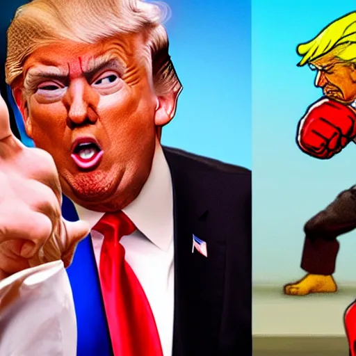 Prompt: donald trump against xi jinping street fighter duel