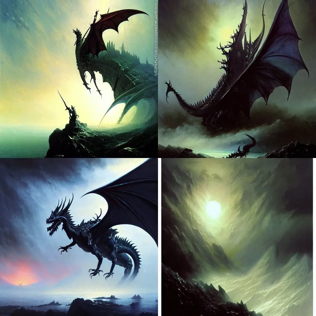 Prompt: A majestic gothic dragon, by Ivan Aivazovsky, by Wayne Barlowe, by HR Giger, by Bruce Pennington, by Paul Lehr, masterpiece, oil on canvas, trending on artstation, top on pixiv, cinematic composition, dramatic scene, beautiful lighting, artgem, aesthetic!, planetary landscape, concept art, sharp, high details, hyper-detailed, astrophotography, no frames, 8K