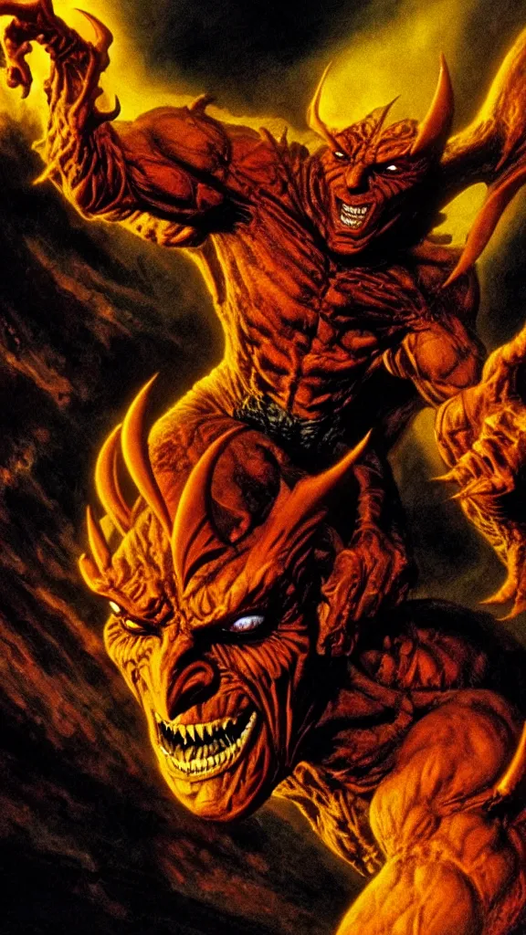 Prompt: the demon etrigan, film still from the movie directed by denis villeneuve and david cronenberg with art direction by bernie wrightson, tim white and tim hildebrandt, wide lens