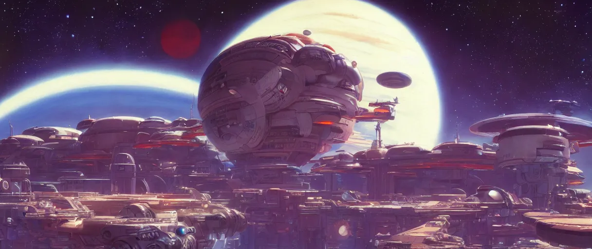 Prompt: a retro futuristic space city orbiting a gas giant planet in a beautiful universe by robert mccall and john berkey | ralph mcquarrie :. 5 | unreal engine :. 3