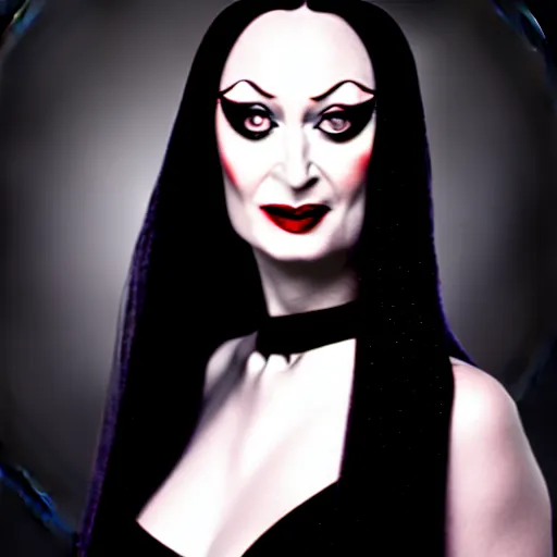 Image similar to dslr portrait photo of morticia addams, f 2. 8, iso 4 0 0,, 4 k, photorealistic, cinematic, masterpiece,