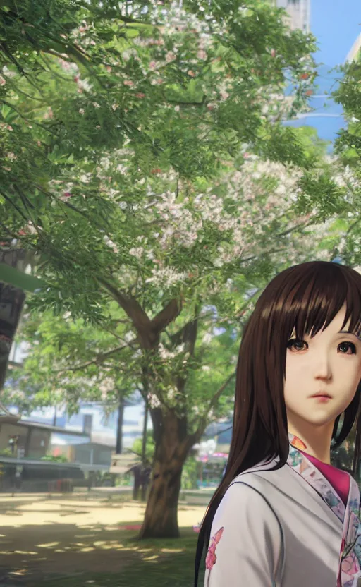 Image similar to anime style, gta 5, panoramic view of girl, centered, yukata clothing, sakura tree in background, brown hair, hair down, symmetrical facial features, from arknights, hyper realistic, extreme detail, volumetric lights, 4 k drawing, safebooru, realistic lighting, by alphonse mucha, greg rutkowski, sharp focus, backlit