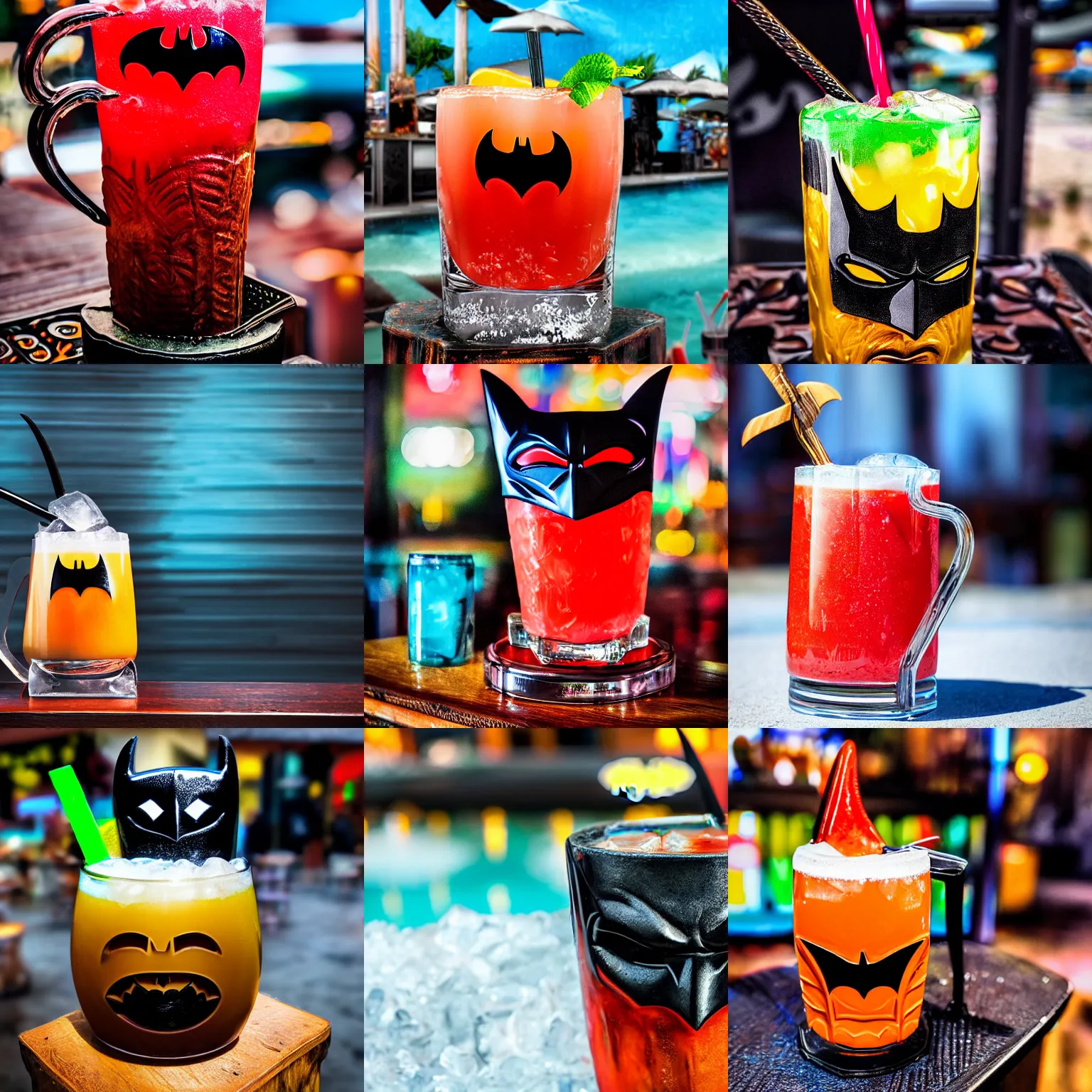 Prompt: a closeup photorealistic photograph of a glossy batman style tiki mug sitting at an outdoor trader vic's bar featuring batman face. tiki theme. icy colorful drink. bright scene. fine detail. this 4 k hd image is trending on artstation, featured on behance, well - rendered, extra crisp, features intricate detail, epic composition and the style of unreal engine.