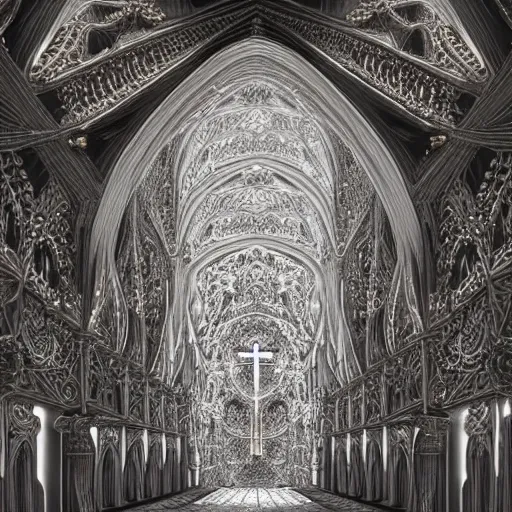 Image similar to a hyperrealistic 3 d render of a delicate ivory sculpture of an ornate detailed cathedral populated by mandelbrot fractals by android jones, micro detail, unreal engine, volumetric lighting, dramatic lighting, psychedelic, octane renderer, catholicpunk, glowing, white color scheme, photorealistic, physically based rendering, angelic, colorful, carved soap, trending on cgsociety