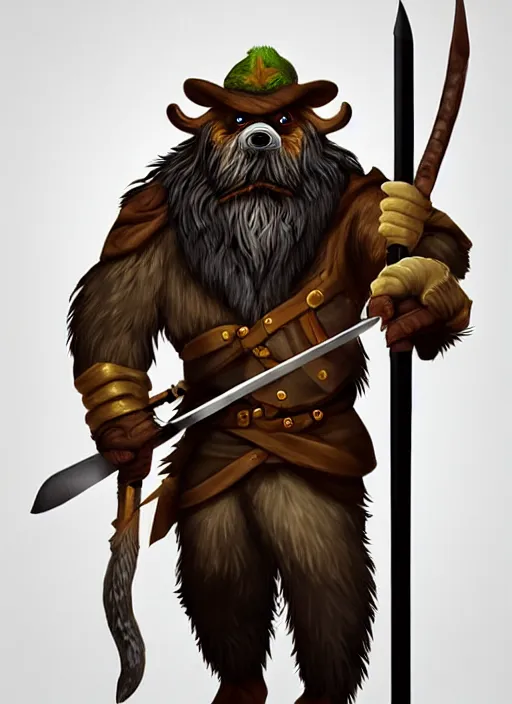Image similar to bugbear ranger holding a fire sword, exquisite details, black beard, white background, by studio muti