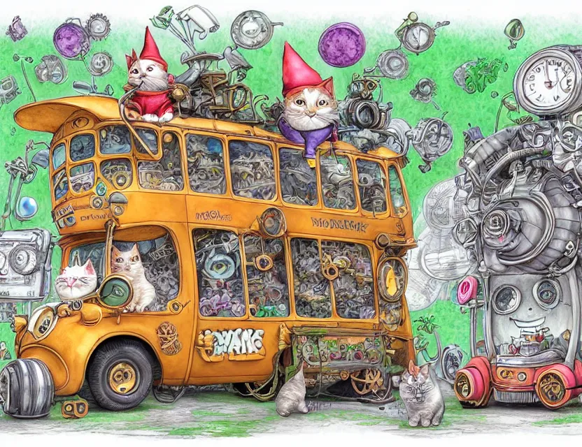 Prompt: cute and funny, a garden gnome driving a steampunk bus, a cat on the roof holding on, ratfink style by ed roth, centered award winning watercolor pen illustration, isometric illustration by chihiro iwasaki, edited by range murata, tiny details by artgerm and watercolor girl, sharply focused