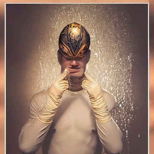 Image similar to portrait of a male dancer with a beautiful porcelain face dressed in a venecian mask, gloves on spread hands, rain, bokeh, cinematic light and reflections, beautiful dreamy lighting, ernst haeckel, annie leibovitz, zbrush,