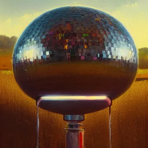 Image similar to a beautiful painting by thomas brom trending on artstation A farm of disco balls, by beeple and james gurney trending on artstation A supersonic irrigation device invented in the woodmarked plain