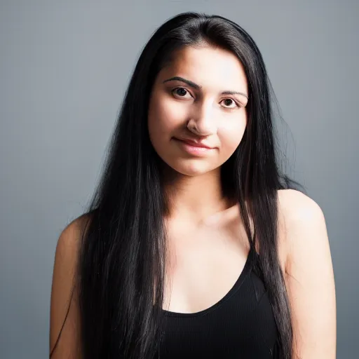 Image similar to young woman with long messy black hair, slightly smiling, 1 3 5 mm nikon portrait