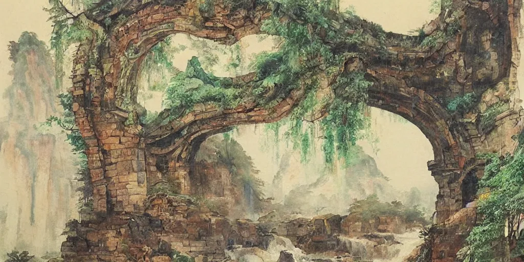 Image similar to “ large ancient gate in the middle of water fall, oil painting, masterpiece, chinese water color, aesthetic ”