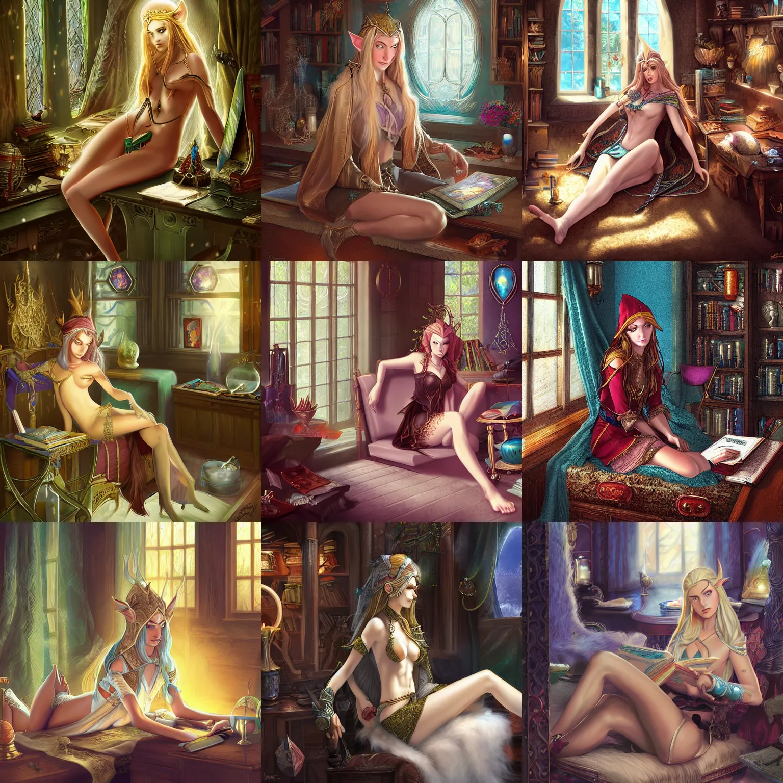 Prompt: An elven sorceress relaxing in her study, digital painting, detailed, official art, George Kamitani