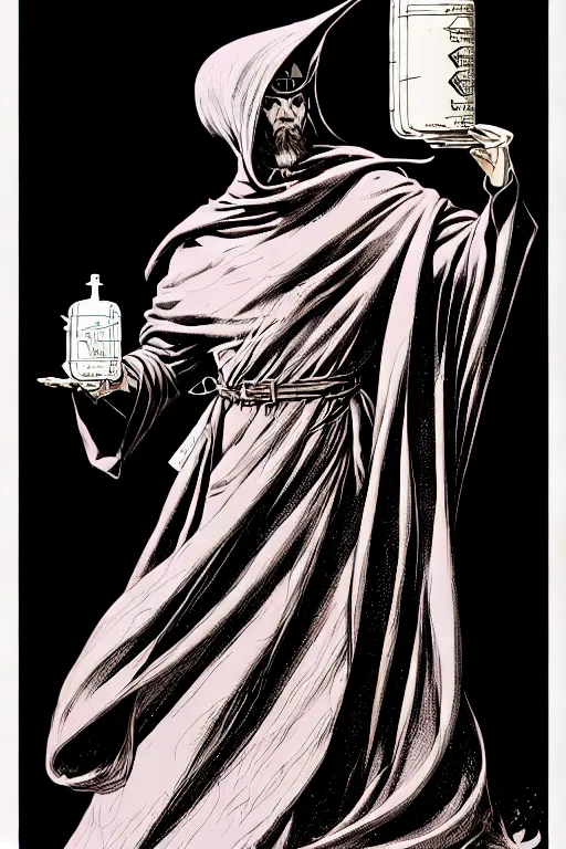 Prompt: side view of a majestic alchemist wizard in a cloak holding a magic potion, high details, bold line art, by vincent di fate and joe fenton, inking, etching, screen print, masterpiece, trending on artstation, sharp, high contrast, hyper - detailed,, hd, 4 k, 8 k