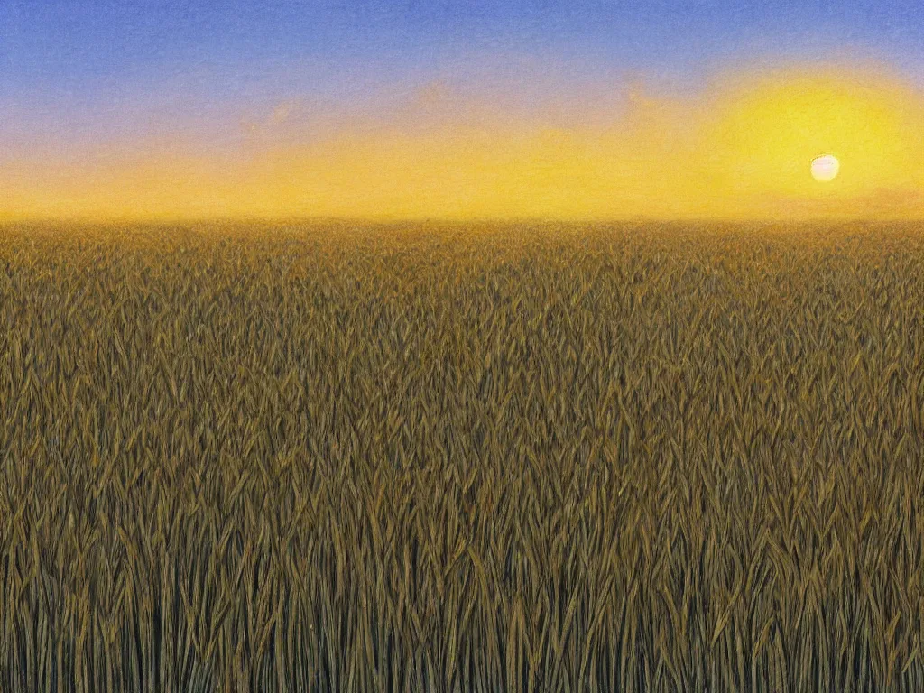 Image similar to sharp focus, breath taking beautiful, Aesthetically pleasing, gouache field of grain at sunset, digital concept art background by Hayao Miyazaki and Studio Ghibli, fine art, official media, high definition, illustration, ambient lighting, HDR, HD, UHD, 4K, 8K, cinematic, high quality scan, award winning, trending, featured, masterful, dynamic, energetic, lively, elegant, intricate, complex, highly detailed, Richly textured, Rich vivid Color, masterpiece.