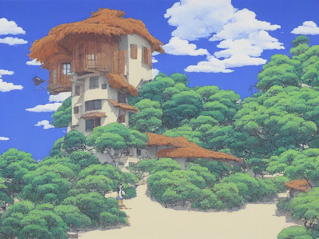 Prompt: studio ghibli painting, kazuo oga, a lone stucco house by the beach, blue sky with few clouds,